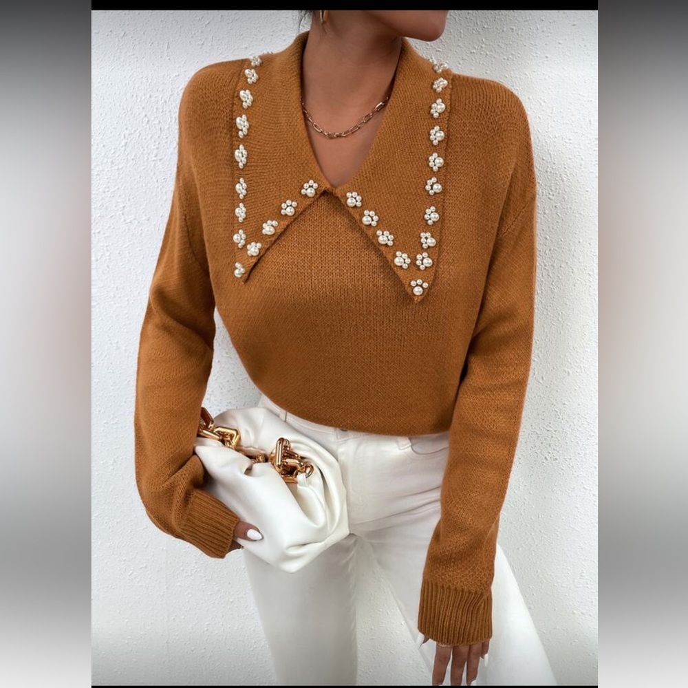 Embellished Peter Pan Collar Sweater in Brown
